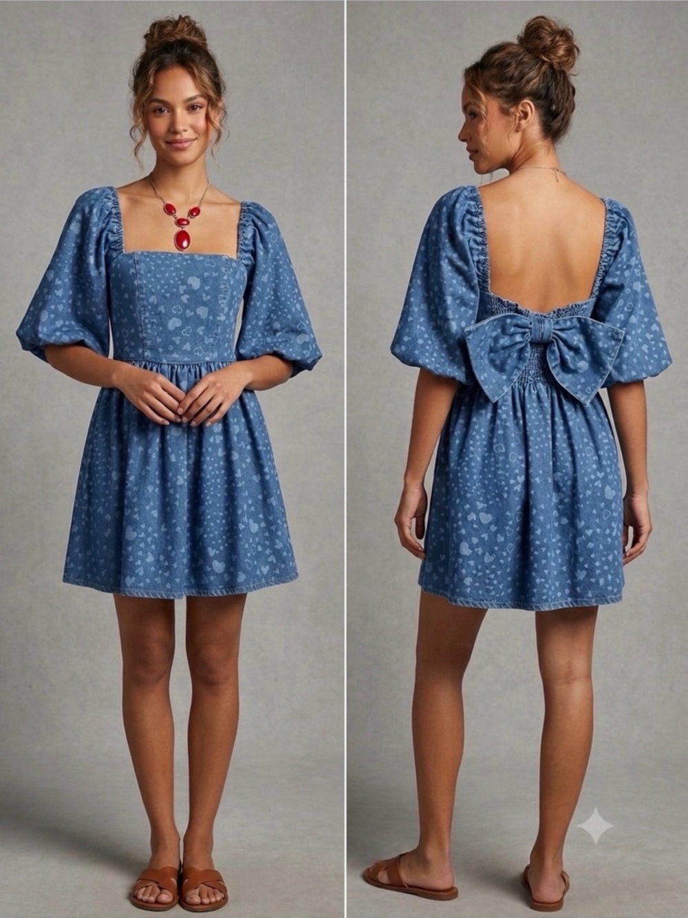 Avec Les Filles Blue Heart Print Puff Sleeve Mini Dress Size M